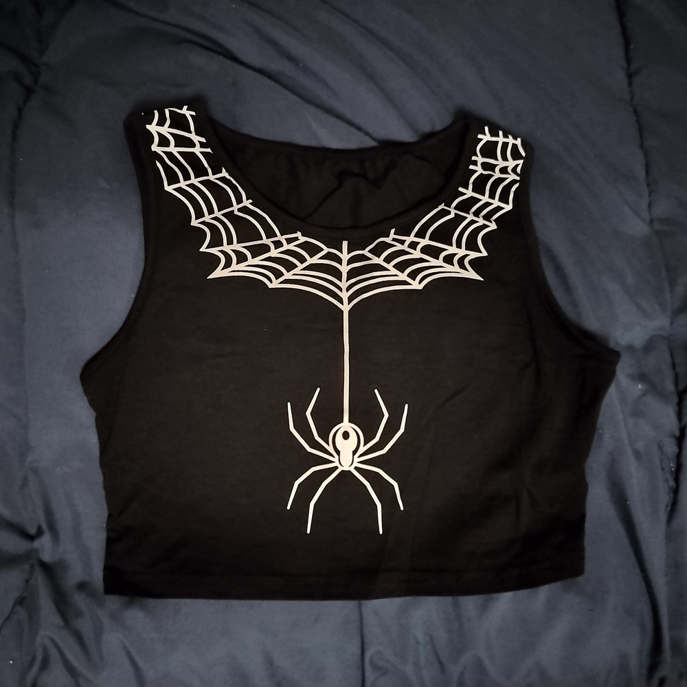 Black Spider Web Print Crop Tank Top (Size S/4:Small, Straps, White, Halloween)